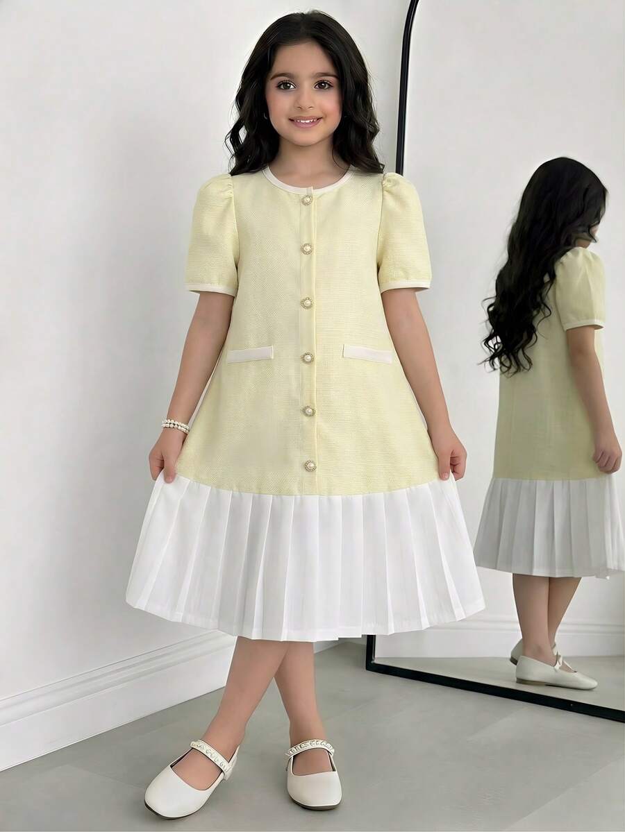 SHEIN 1 pieza Vestido de manga corta con pliegues y lazo para niña preadolescente, corte holgado, primavera/verano - Negro - Ver 1