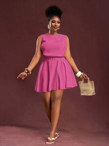 Slaydiva Bộ đồ mùa xuân/hè mới về, thích hợp cho kỳ nghỉ, đi làm, đi chơi và dự tiệc sang trọng. Áo crop top không tay ôm dáng và chân váy mini chữ A màu kaki trơn, chất liệu vải dệt họa tiết, thoải mái, cỡ lớn dành cho nữ, bộ 2 món, trang phục mùa hè. - Màu Hồng Tươi - Xem 8