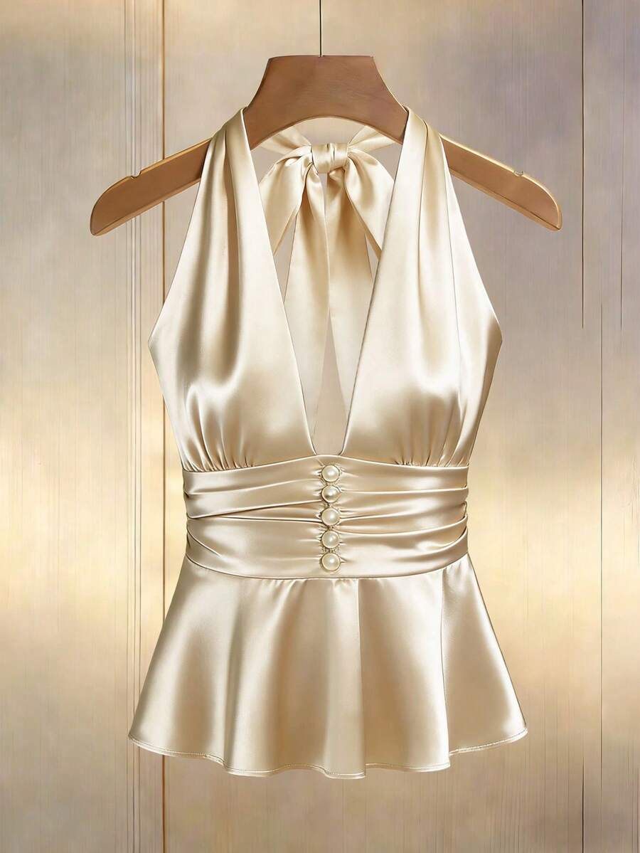 GlowEve CURVE Plus Size Women Deep V-Neck Ruched Waist Button Decor Elegant Commuter Tie Front Blouse - Apricot - View 1