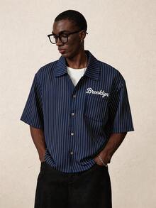 STYNVO Men's Casual Letter Embroidery Striped Front Button Shirt, Summer - Blue - View 2