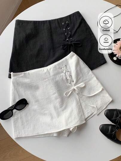 Comfortcana Quần short nữ màu trơn buộc dây, kiểu dáng tối giản, thích hợp mặc mùa hè.