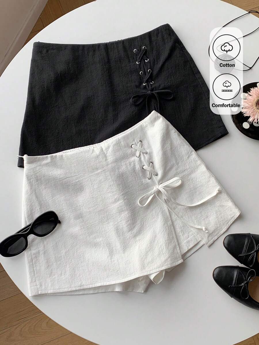 Comfortcana Quần short nữ màu trơn buộc dây, kiểu dáng tối giản, thích hợp mặc mùa hè. - Đen và trắng - Xem 1