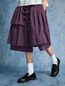 Street Life Men's Plaid Fashion Design Pleated Multi-Layer Plaid Shorts, Summer - Purple - View 7
