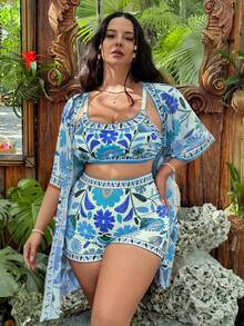Swim Vcay 3件套加大码女士印花吊带背心泳衣套装，休闲夏季沙滩装 - 彩色 - 查看 1
