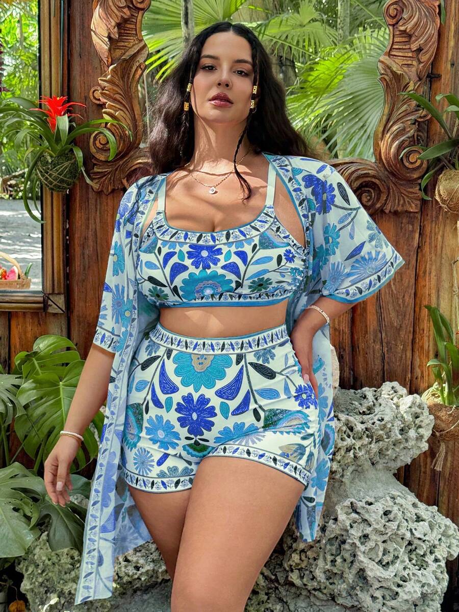 Swim Vcay 3件套加大码女士印花吊带背心泳衣套装，休闲夏季沙滩装 - 彩色 - 查看 1