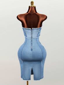 Mistrie Vestido de mezclilla con abertura alta extra larga para mujer - Azul - Ver 2
