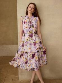 MOTF PREMIUM ROMANTIC FLORAL 3D FLOWER MIDI DRESS - Purple - View 7
