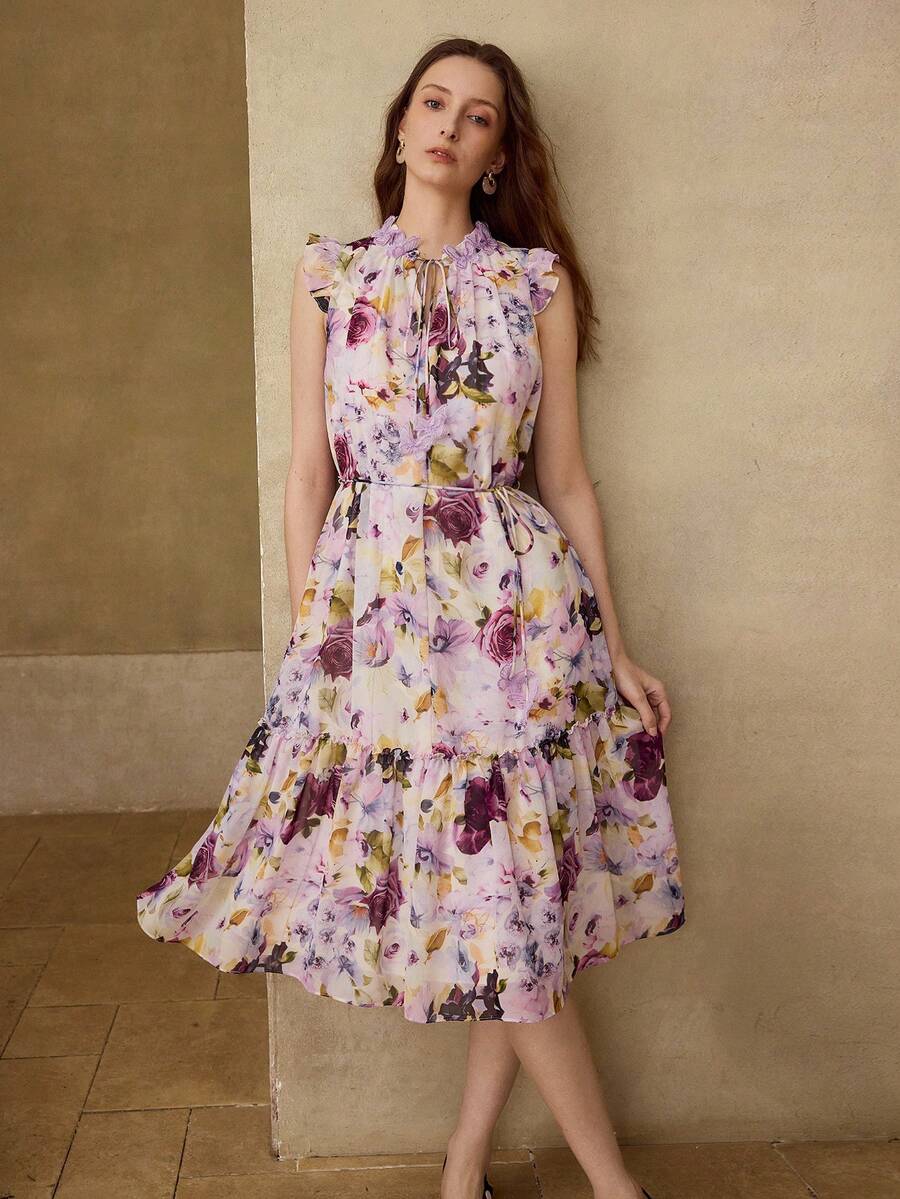 MOTF PREMIUM ROMANTIC FLORAL 3D FLOWER MIDI DRESS - Purple - View 1