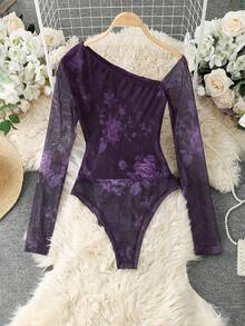 SHEIN LUNE 女士时尚豹纹网纱透视露肩长袖连体衣 - 紫色 - 查看 2