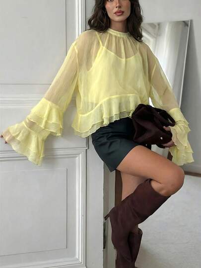 Aloruh Áo kiểu nữ thanh lịch phong cách Bohemian tay dài viền bèo nhún