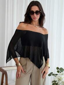 Aloruh Xale feminino elegante em estilo boêmio para férias, modelo pulôver de malha folgada com ombros à mostra e barra assimétrica, leve e com proteção solar. - Preto - Ver 7