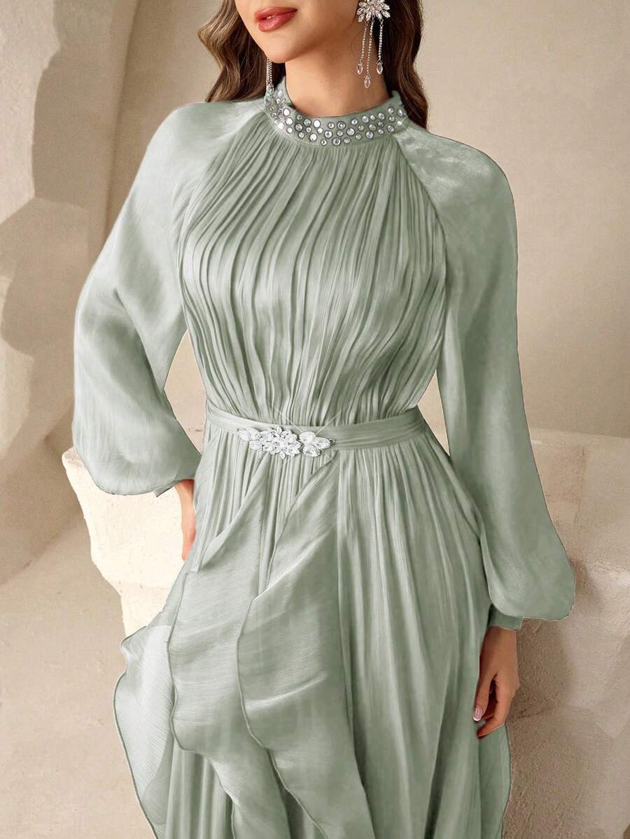 Coutiva Elegant Shimmering High-Neck Multi-Layered Ruffled Hem Evening Gown,Formal Prom Dresses For Birthday Party,Graduation Ceremony & Bridesmaid Dresses - Green - View 1