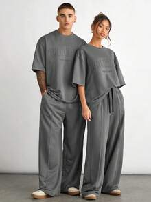 SWAVVY Men's Retro Minimalist Letter Embossed Round Neck Short Sleeve T-Shirt And Casual Pocket Pants Set - Grey - View 1