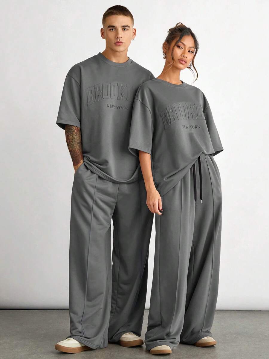 SWAVVY Men's Retro Minimalist Letter Embossed Round Neck Short Sleeve T-Shirt And Casual Pocket Pants Set - Grey - View 1