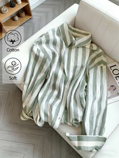 Resyla Áo sơ mi nữ dài tay kẻ sọc dáng casual cài một hàng khuy