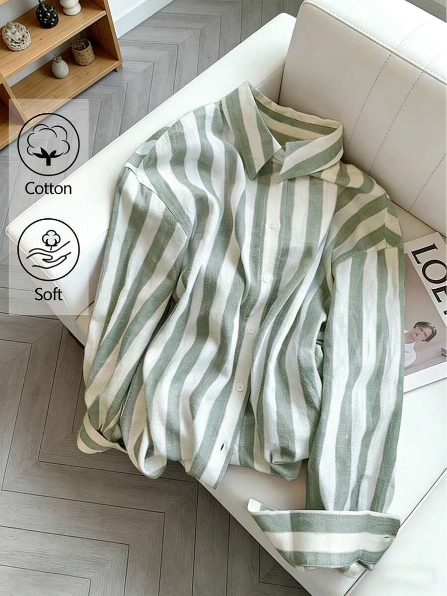 Women's Striped Casual Single-Breasted Long Sleeve Shirt - Green - View 1