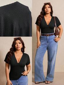 Elaquor Plus Size Women Summer Casual Solid Color Short Sleeve Top Spring/Summer Black Top V Neck Blouse For Elegant Women - Black - View 3