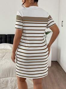 SHEIN Frenchy Plus Size Women Striped Round Neck Short Sleeve Casual Dress - Brown - View 2