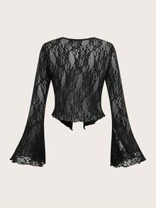 SHEIN ICON 女士休闲性感蕾丝开衫，Y2K风格，音乐节穿搭，夏季服饰 - 黑色 - 查看 2