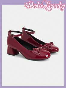 Dola Lovely 女士酒红色漆皮搭扣踝带蝴蝶结粗跟低鞋面高跟鞋，优雅日常通勤百搭女鞋 - 酒紅色漆皮 - 查看 3