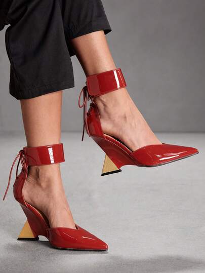 CUCCOO SZL 女士尖头系带时尚百搭不对称高跟鞋