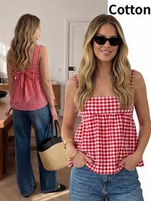 Easowa 女士格子蝴蝶结装饰休闲百搭日常衬衫 - 彩色 - 查看 1