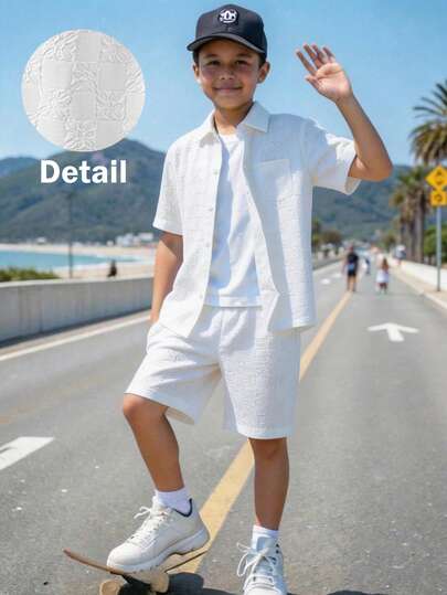 青少年新款夏季度假风休闲衬衫短裤套装，时尚百搭简约两件套