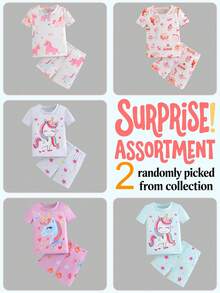 SHEIN 2 Sets/Pack Baby Girls Unicorn Cartoon Print Short Sleeve Shorts Knit Snug Fit Pajamas Sets - Multicolor - View 8