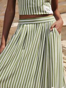 Maija Women's Vacation Casual Striped Hollow Floral Embroidery A-Line Skirt,Vacation Outfits Women Beach Vacation Green Striped Summer - Army Green - View 7