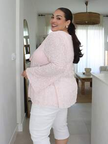 Pretty and Ole Plus Size Women Casual Commuter Cashew Flower Print Long Sleeve T-Shirt - Pink - View 4