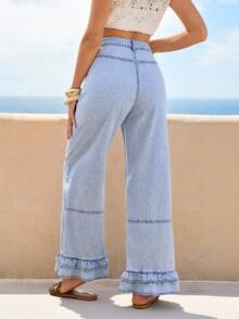 Breezaya Jeans de mezclilla casuales y de uso diario para mujer con bolsillos en diagonal y dobladillo con volantes - Azul - Ver 12