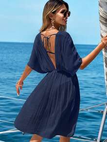Swim Vcay Women's Deep V-Neck Batwing Sleeve Cover Up Dress, Suitable For Summer Vacation - Navy Blue - View 2