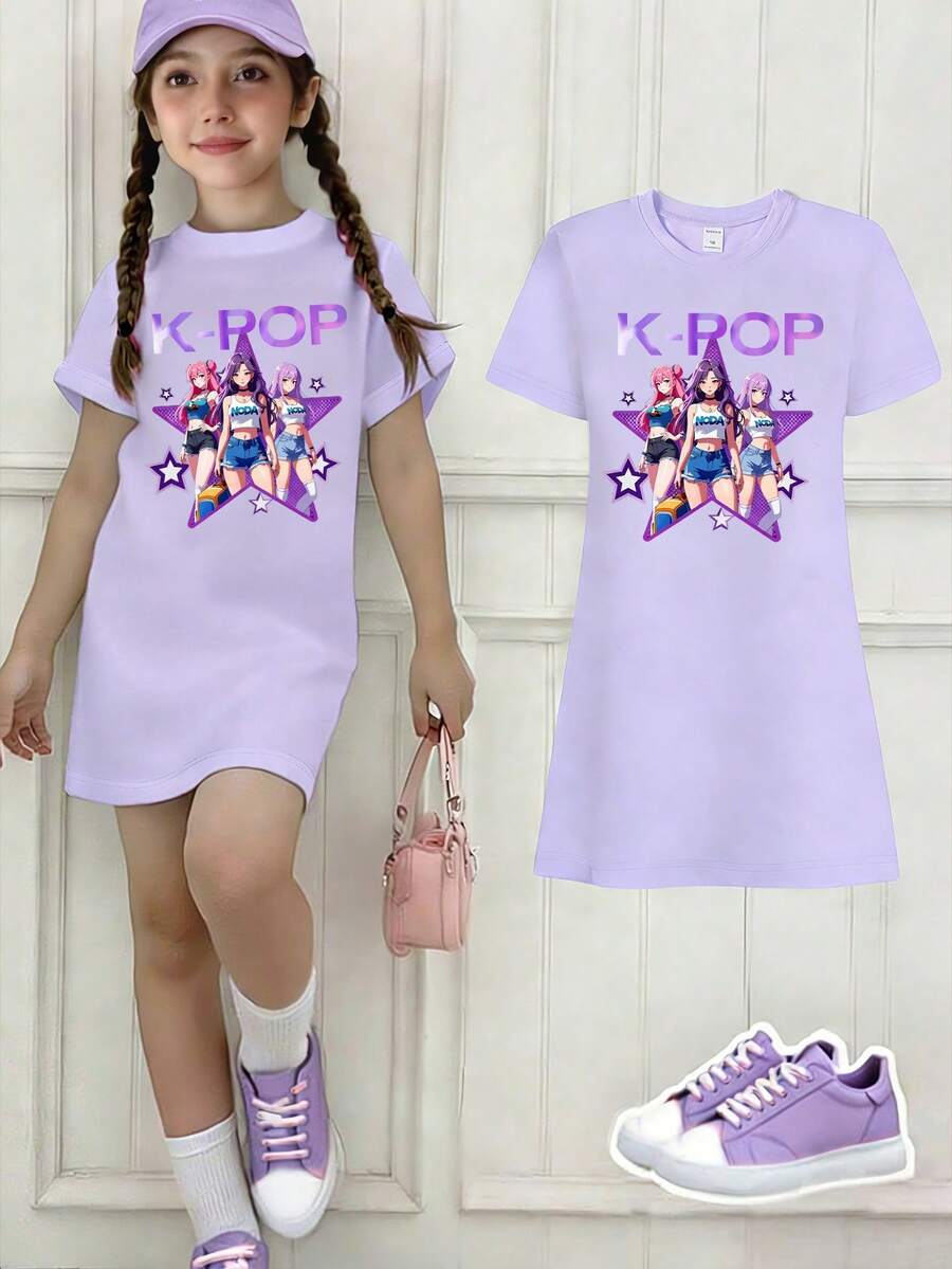 Elladie kids 春夏少女休闲时尚创意个性清新简约酷炫虚拟女团五角星图案字母标语印花休闲基础款短袖T恤裙,舒适日常穿着,适合春、夏、秋季穿着。 - 紫色 - 查看 1