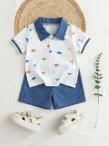 Souflis Souflis Bộ đồ hè 2 mảnh cho bé trai, gồm áo polo in hình cây cọ và khủng long, cùng quần short cạp chun co giãn, kiểu dáng thời trang và thoải mái, phù hợp cho bé trai từ 6 tháng đến 3 tuổi, lý tưởng cho mặc hàng ngày, hoạt động ngoài trời và đi học. - Màu xanh lam - Xem 7