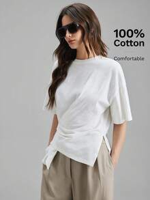 Ontre Áo thun ngắn tay màu trắng, xếp ly, xẻ tà bên, vạt áo bất đối xứng, mẫu mới Xuân/Hè 2026, phù hợp cho các bữa tiệc thành thị hiện đại, đi học, phong cách bohemian thường ngày, kỳ nghỉ, lễ hội, mùa xuân, lễ hội hóa trang Ngày lễ tình nhân, đi biển, tiệc tùng, lễ tốt nghiệp. - trắng - Xem 7