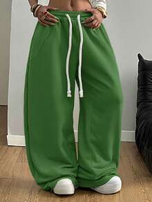 SHEIN Tall CURVE 加大码女式街头风外出休闲装束，加大码弹力腰带舒适灰色弯刀裤 - 綠色 - 查看 7