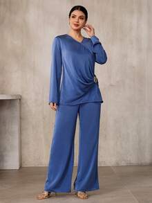 Graceveil Bộ đồ 2 món bằng satin kẻ sọc mới mùa xuân dành cho nữ - Màu xanh lam - Xem 8