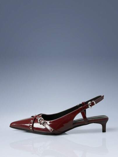 CUCCOO GRLICON Black Patent Leather Pointed Back Empty Shoes, Rivets, Metal Buckles, Stiletto Cat Heels, Y2K Wear, Holiday Atmosphere, Summer Wear, A Must For Travel