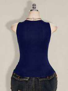 SHEIN ICON Blusa casual versátil de uso diario con parches de malla transparente para mujer de talla grande - Azul Marino - Ver 2