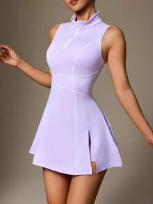 CourtClass CourtClass 2 件女式运动连衣裙，瑜伽高领拉链 Polo 衫，带开衩和紧身裤，口袋适合户外锻炼、休闲和办公室穿着运动连衣裙 - 淡紫色 - 查看 5