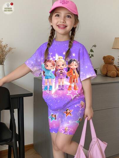 SHEIN 2件套少女休闲时尚彩色韩流女团字母星星印花圆领短袖T恤和短裤套装，适合夏季穿着