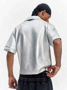 PAVTROS Men's PU Zipper Loose Short Sleeve Shirt - Silver - View 3