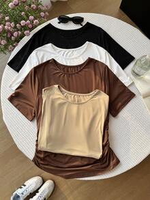 Comfortcana Damen Große Größen Einfarbiges Rundhals Kurzarm Casual Vielseitiges T-Shirt - Verschiedenfarbig - Übersicht 8