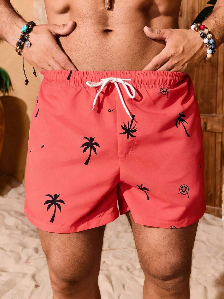 Manfinity KASUA Men's Palm Tree Print Drawstring Waist Pocket Beach Shorts - Red - View 1