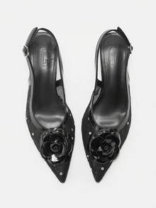CUCCOO CURVES Women Shoes Wide Fit Fashion Pointed Stiletto Black Three-Dimensional Flower Back Strap Simple Classic Daily Comfort Fattened High Heel Women's Shoes Plus Size - Black - View 3