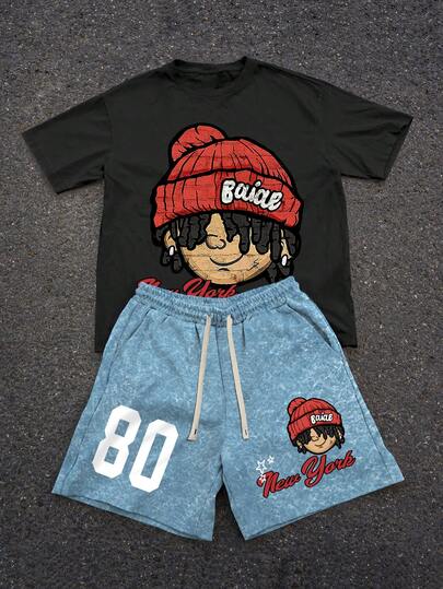 PAVTROS Men's Casual Cartoon Print Round Neck Short Sleeve T-Shirt And Drawstring Waist Shorts Set, Summer
