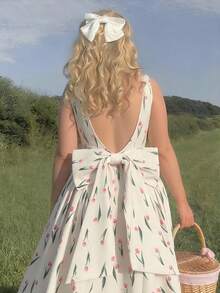 MOD Vestido largo rosa con estampado de tulipanes, romántico y soñador, con espalda abierta y lazo maxi en la espalda - Ideal para fiesta de té en el jardín, cita, fiesta, vestido de verano y primavera para mujer, ropa de playa, vacaciones de primavera, picnic, festival, atuendo de cumpleaños - Multicolor - Ver 6