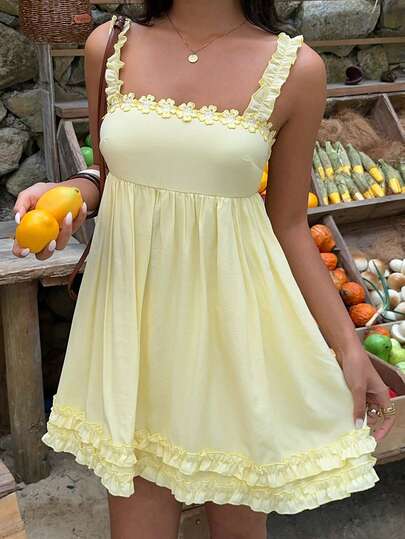 SHEIN SunnyBelle Vestido corto de mujer con tirantes amarillos y volantes, estilo dulce y lindo, adecuado para la playa, vacaciones, romántico, moda, escuela, primavera/verano