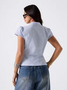 LYSMO 2026 New Arrive Minimalism Spring/Summer Women's Sexy Striped Hollow-Out Blouse, Summer,Summer Top - Baby Blue - View 2