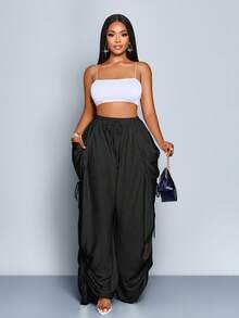 SOLERSUN 女士纯色休闲宽松抽绳裤，带抽绳口袋，松紧腰带，纯色，适合日常通勤和度假，圣帕特里克节，复活节，音乐节，四叶草，街头风格，海滩度假，野餐，时尚百搭的日常通勤下装，西部风格，波西米亚风格，端庄，仙气十足。 - 黑色 - 查看 7